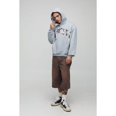 Oversized boxy Ofcl hoodie met koeienprint applique hoodie | Grey Marl | Size XS