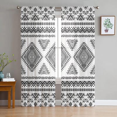 Lijn Driehoek Cirkel Textuur Tule Gordijnen voor Woonkamer Keuken Slaapkamer Transparante Tule voor Café Hotel Moderne Huisdecoratie 135W x 114H(cm) black
