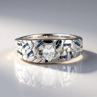Cavill - Elegante Damesring 925 Sterling Zilver Platina - 0,398 ct Ovale Witte Saffier & 24x Blauwe Briljant Saffieren