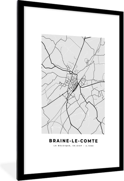 Fotolijst incl. Poster Zwart Wit- België – Braine le Comte – Stadskaart – Kaart – Zwart Wit – Plattegrond - 60x90 cm - Posterlijst