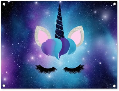 Tuinposter 80x60 cm - Tuindecoratie Eenhoorn - Sterren - Magisch - Blauw - Poster voor in de tuin - Buiten decoratie - Schutting tuinschilderij - Tuindoek muurdecoratie - Wanddecoratie balkondoek