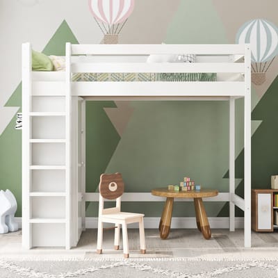 Kinderbedframe - 90 x 200 cm - eenpersoonsbedframe - met kledingkast en 6 legplanken - wit - hoogwaardige materialen - eenvoudig te monteren - stabiel en duurzaam (matras niet inbegrepen)