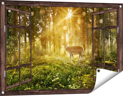 Gards Tuinposter Doorkijk Hert in Bos met Zon - 90x60 cm - Tuindoek - Tuindecoratie - Wanddecoratie buiten - Tuinschilderij