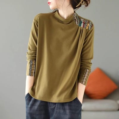 Etnische Stijl Effen Kleur Bedrukt Velvet Lange Mouw Basis Shirt voor Dames In de Lente Comfortabele Binnen- en Buitenkleding 4XL geel
