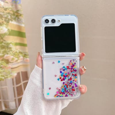 Coque Pailletée Sable Mouvant Cœur d'Amour pour Samsung Galaxy Z Flip 6 5 4 3 flip6 ZFlip Flip5 Colorée Pailletée TPU Souple Anti-Choc for Samsung Z Flip 5