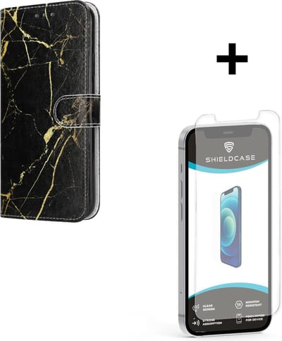 Shieldcase Amazing Black Marmer geschikt voor Apple iPhone 12 / 12 Pro Bookcase + glazen Screen Protector - telefoonhoesje met ruimte voor pasjes - marmer print - zwart