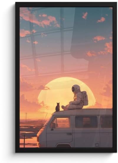 Poster in lijst - Fotolijst 40x60 cm - Posters - Busje - Kat - Zonsondergang - Oranje - Posterlijst zwart - Decoratie - Wanddecoratie woonkamer - Muurdecoratie slaapkamer