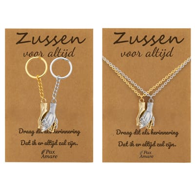BFF Ketting + Sleutelhanger voor 2 'Zussen voor altijd' - Handjes Vasthouden - Bundel op Cadeau Kaartje Bundel - Goudkleurig & Zilverkleurig - Vriendschap Symbool - Pax Amare