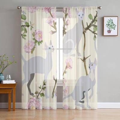 Drie Grijze Siamese Sfinx Katten Sakura Bloemen Chiffon Transparante Gordijnen voor Woonkamer Slaapkamer Decor Raam Voiles Tule Gordijn 135W x 114H(cm) white