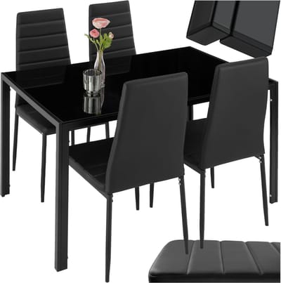 Eetkamerset met 4 Stoelen - Tafel met Glasplaat - Eetkamerset voor 4 Personen - Zwart