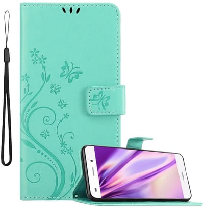 Cadorabo Hoesje geschikt voor Huawei P8 LITE 2015 in BLOEMEN TURKOOIS - Beschermhoes in bloemmotief met magnetische sluiting, standfunctie en kaartsleuven Book Case Cover Etui