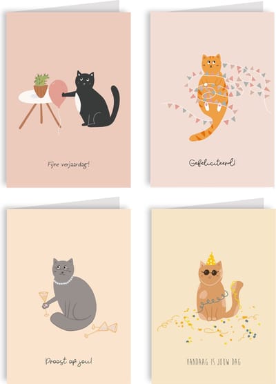 Verjaardagskaarten met katten illustratie (8 stuks) - Gevouwen wenskaarten - Verjaardagskaart inclusief kraft enveloppen - Kleintjes & kaartjes