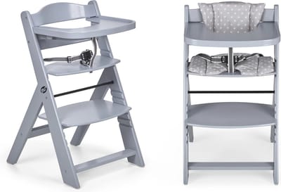 Nique Houten Meegroeistoel Kind - Inclusief Eetblad - Verstelbare Kinderstoel voor Comfort en Design - Inclusief kussen - 48×58×80cm - Grijs Wit