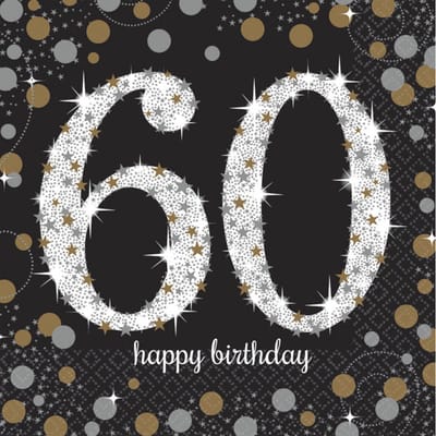Amscan Servetten 60 jaar - 32x stuks - zwart - 33 x 33 cm - confetti - luxe - verjaardag