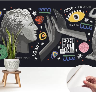 Wallfluent Zelfklevend Behang - Een kleurrijke tentoonstelling Zelfklevend fotobehang - 208x146 cm - Zwart Zelfklevend Behang - Plakklare achterzijde - Voor op kantoor, voor de woonkamer, voor de slaapkamer Zelfklevend Behang