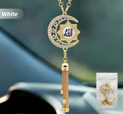 Luxe Autohanger - Gouden Wassende Maan met Islamitische Patronen - Draaibaar Design - Auto Decoratie & Cadeau - Wit