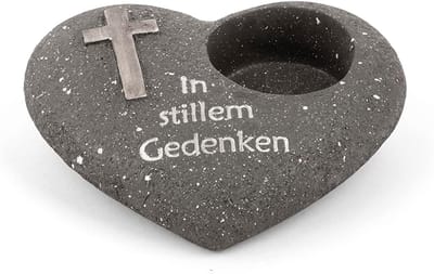 Grafdecoratie hart antraciet met kruis spreuk In stille herinnering grafdecoratie grafhart weerbestendig grafdecoratie gedenksteen theelichthouder rouwsteen