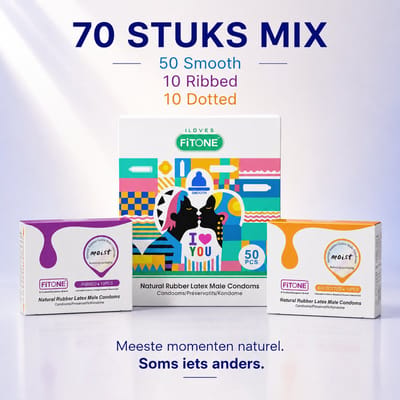 condooms mix-70 stuks- condooms normaal met glijmiddel 50 stuks+condooms ribbels 10 stuks +condooms noppen 10 stuks-condooms 52mm- condooms voordeelverpakking-FiTONE