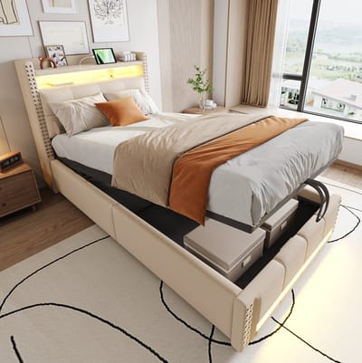 MEUNIQ gestoffeerd kinderbed 90x200 cm met LED-verlichting, USB-aansluiting, hoofdbord met planken en opbergruimte, hydraulische bergruimte, beige