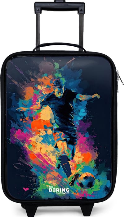 NoBoringSuitcases.com® - Kinderkoffer jongen - Kindertrolley meisje - Neon - Voetballer - Kleurrijk - Koffer kind lichtgewicht - Reiskoffer trolley voor kinderen - Koffertje met lichtgevende wieltjes - Rolkoffer zwart