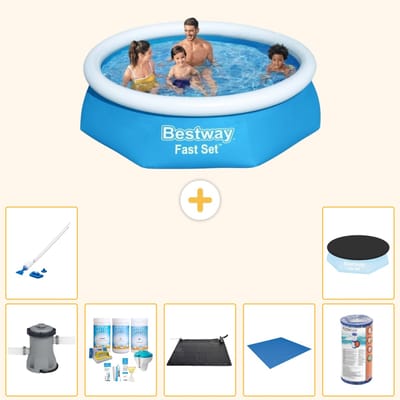 Bestway Rond Opblaasbaar Fast Set Zwembad - 244 x 61 cm - Blauw - Inclusief Pomp - Onderhoudspakket - Solar Mat - Grondzeil - Filter - Stofzuiger - Afdekzeil - 8-delig
