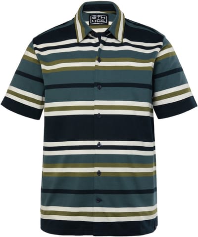 STHUGE - Heren - Gestreept overhemd van piqué korte mouwen Boxy Fit - Navy blauw - Maat L