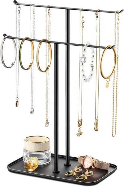 Famanu – Sieradenstandaard met metalen frame en fluwelen lade, sieradenhouder voor kettingen, armbanden, oorbellen en ringen