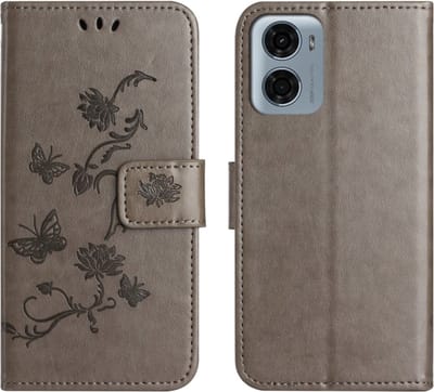 Coverup Hoesje - Geschikt voor Motorola Moto G05 / E15 Hoesje - Coverup Bloemen & Vlinders Book Case - Taupe Grijs