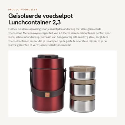 Dailygoods- Voedselpot 2,3L - Geïsoleerde Lunchcontainer - Roestvrij Staal 304 - 3 Lagen - Vacuüm - Hoogte 24,5cm - Lunchbox