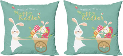 ABAKUHAUS Decoratieve kussenhoezen voor Pas set van 2, Lachende Konijntjes en Eier 40x40 cm, Amandelgroen