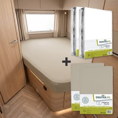 Textielpakket Frans bed - 2 moltons met 2 hoeslakens - links - 2 x Zandkleur