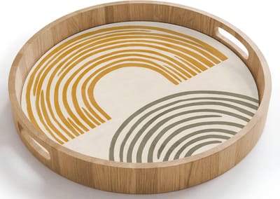 Dienblad rond 40x40 cm - Schootdienblad hout - Bogen - Lijnen - Oranje - Minimalistisch - Borrelplank rechthoek - Plateau houten dienbladen
