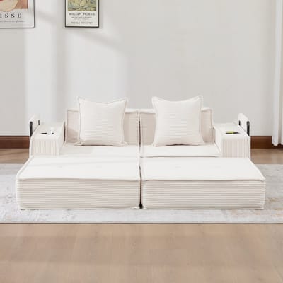 MODFU 2-Zits Bank - Met Zijvakken En 2 Kussens - Scandinavisch - Voor De Leeshoek - Ribstof - Beige - 162 X 78 X 66 Cm