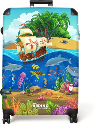 NoBoringSuitcases.com® - Koffer groot - Reiskoffer lichtgewicht - Piratenschip in zee vol dieren en planten - Rolkoffer met 4 wielen - Grote trolley XL - 98 liter bagage