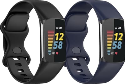 Stravo 2-Pack Sport bandjes Compatible with Fitbit Charge 5 & Fitbit Charge 6 – Zwart/Donkerblauw - S/M - Classic Soft Silicone Replacement Wristbandjes, voor polsen van 140-200 mm