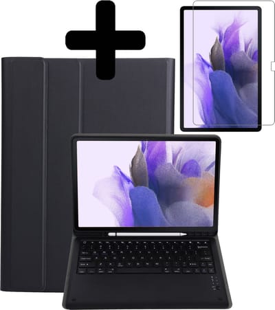 Hoesje - Geschikt voor Samsung Galaxy Tab S7 FE - Met Screenprotector - Toetsenbord Case - Keyboard Book Cover - Hoes - Zwart