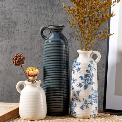 vazenset van 3 met handgrepen, blauw-wit, neutraal, rustiek, modern boerderij, boho-decoratie, veelzijdig als tafelstuk of mantel, uniek cadeau-idee voor thuis