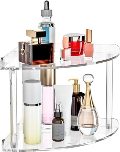 Opbergrek - Dubbellaags hoekorganizer voor op het aanrecht - Acryl hoekorganizer voor de badkamer - Transparante organizer voor op de kaptafel - 7x7x8 inch - Geschikt voor huidverzorgingsproducten, cosmetica en parfums.