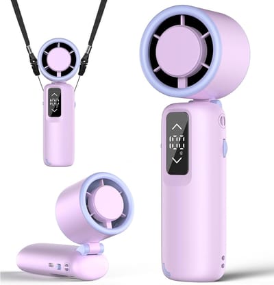 Draagbare handheld-turboventilator — Opvouwbare handheld-ventilator — Digitaal display — Traploze snelheidsregeling (niveau 1–100) — Werkt op batterijen — Lange batterijduur — Essentieel voor verkoeling, binnen en buiten — Paars