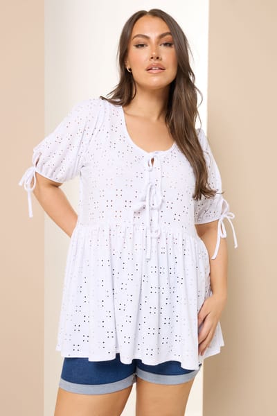 Yours Witte Broderie Anglaise Top Met Strik Aan De Voorkant En Peplum Size 42