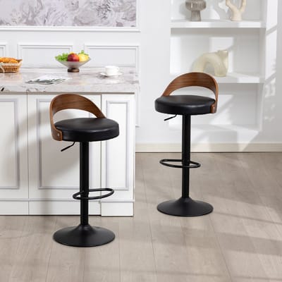 Wishdor - Barkruk - 360 Graden Draaibaar En In Hoogte Verstelbaar Met Rugleuning En Armleuningen - Modern Minimalistisch Ontwerp Voor Keukenbar - Metaal Met Houtlook En Zwart Kunstleer - 42,5 X 42 X 77-98 Cm