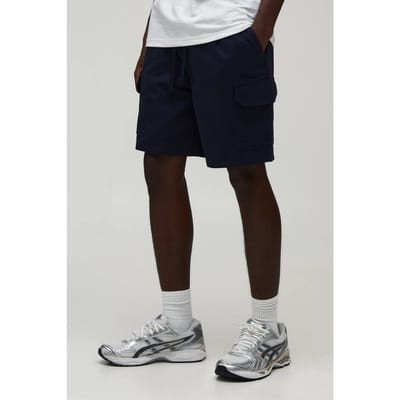 Essentiële Relaxed Fit Elastische Twill Cargo Shorts Met Middellange Lengte | Navy | Size XS