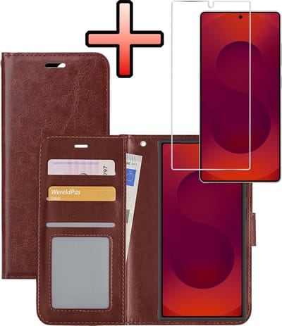 Hoesje - Met Screenprotector - Geschikt voor Samsung Galaxy S25 Ultra - Luxe Pasjeshouder - Bookcase Portemonee - Flip Case - Kunstleer Book Case - Flipcase - Book Cover - Walletcase - Portemonneehoes - Bruin