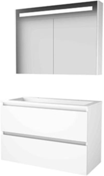 Basic-Line Premium 46 Badkamermeubelset - 100 x 46 cm - Greeploos - 2 Lades - Acryl Wastafel - 2 Kraangaten - Spiegelkast met LED Verlichting - Ice White