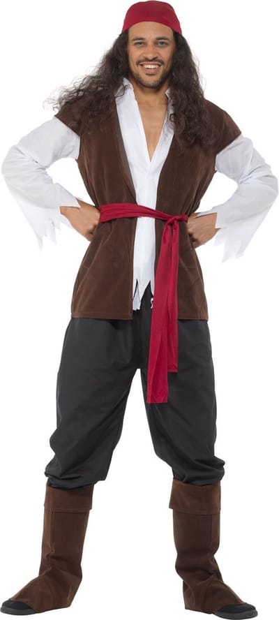 Karnival Costumes Piratenkostuum voor Mannen Piratenpak Carnavalskleding Heren Carnaval - Polyester - Bruin/Rood - Maat M - 6-Delig Shirt/Gilet/Broek/Sjaal/Bandana/Laarscovers