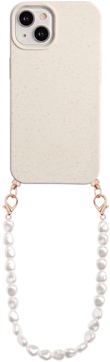 Casies biodegradable hoesje geschikt voor Apple iPhone 16 met koord - telefoonhoesje met parelkoord -Parel ketting - Parels - Cord Case Pearl