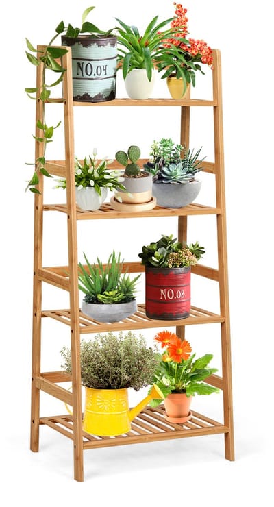 COSTWAY Staande plank met 4 niveaus, ladderplank van bamboe, boekenplank plantenplank balkonplank bloemenplank trapplank badplank hoekplank houten plank tredeplank 48x32x115cm (naturel)