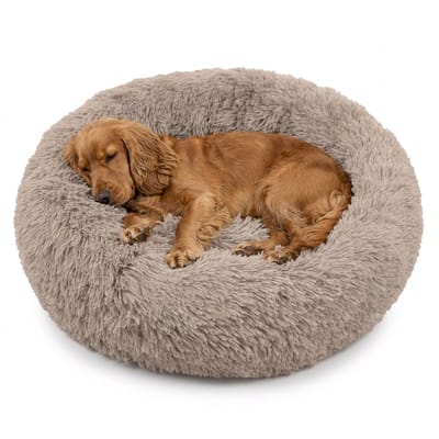 Grote Hondenmand 90 cm – Zachte Pluche Donut Mand – Comfortabele Wasbare Slaapmand voor Middelgrote & Grote Honden – Beige