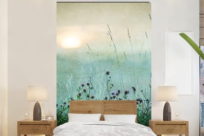 Behang - Fotobehang Natuur - Vintage - Bloemen - Zon - Breedte 200 cm x hoogte 300 cm