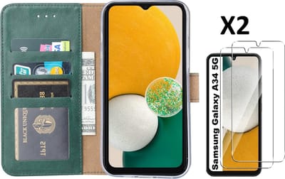Hoesje Geschikt Voor Samsung Galaxy A34 5G hoesje bookcase Groen - Hoesje Geschikt Voor Samsung Galaxy A34 bookcase portemonnee Hoesje Geschikt Voor Samsung Galaxy A34 screenprotector / 2X Beschermglas